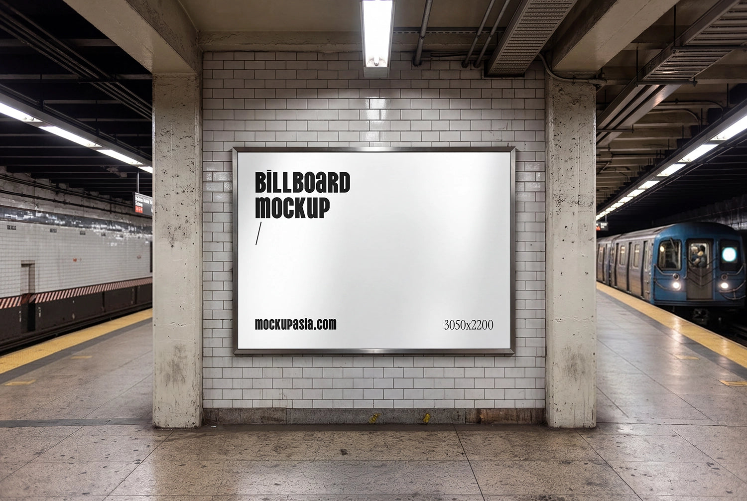 subway station billboard mockup on tiled wall with train platform and underground setting