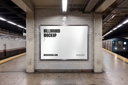 subway station billboard mockup on tiled wall with train platform and underground setting