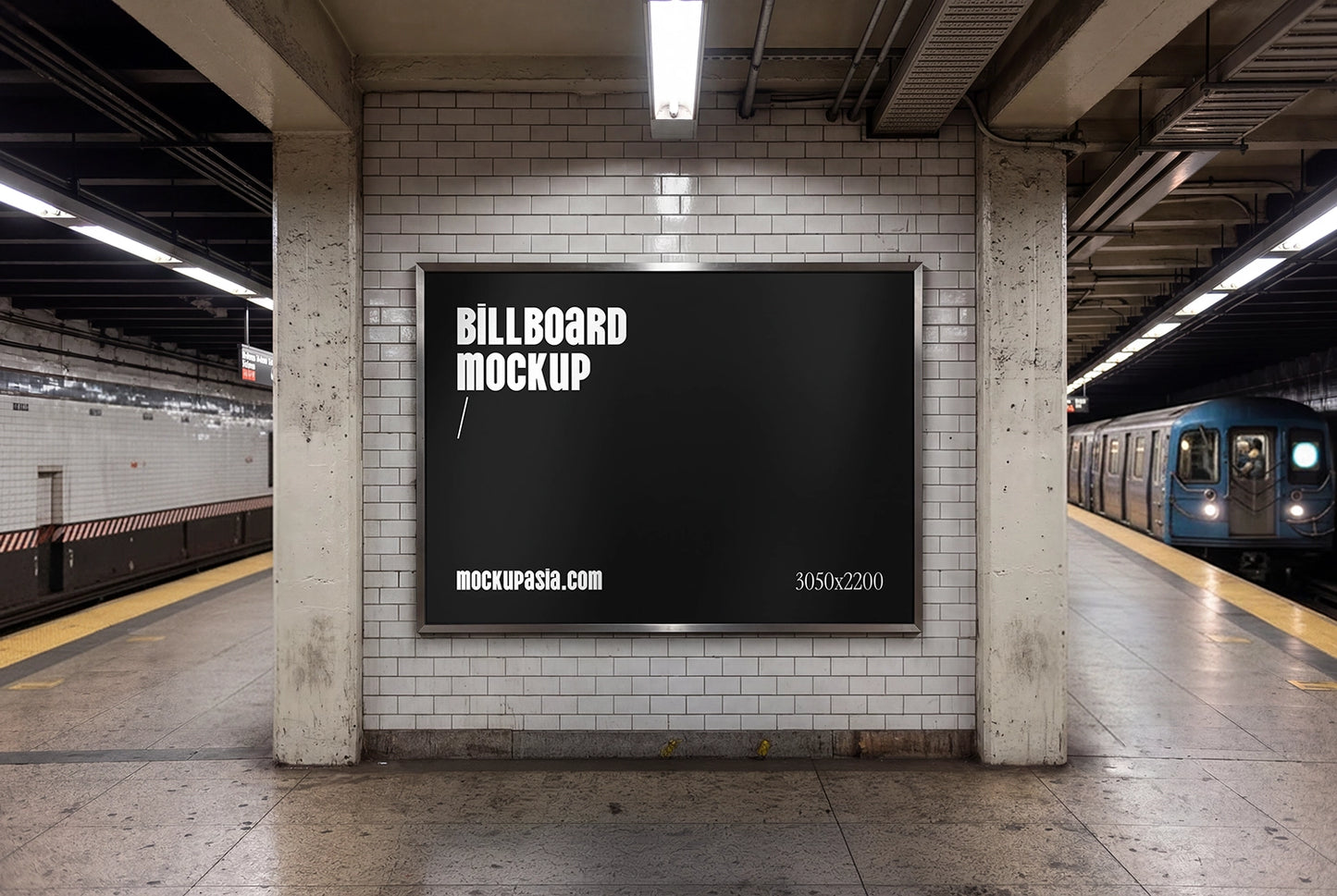 realistic metro billboard mockup with wide format display and urban transit environment
