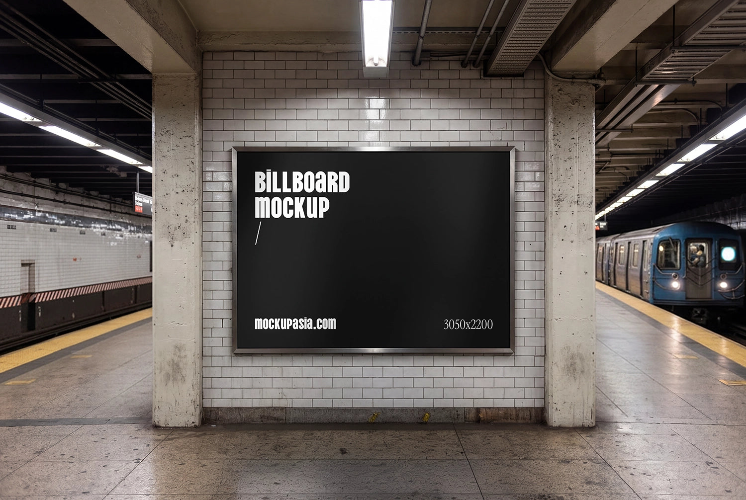 realistic metro billboard mockup with wide format display and urban transit environment