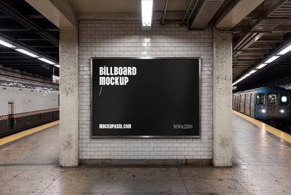 realistic metro billboard mockup with wide format display and urban transit environment