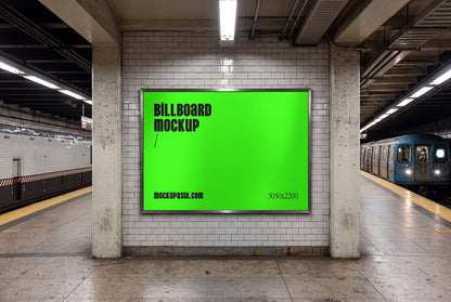 indoor billboard mockup in subway station with train and industrial lighting