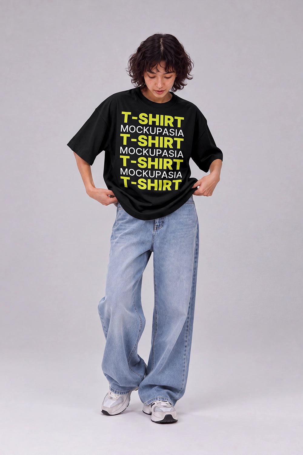 Realistic white oversized T-shirt mockup with female model