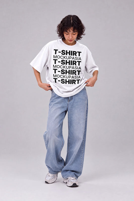 White T-shirt mockup featuring female model in standing pose