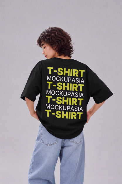 realistic oversized t-shirt mockup showing back print on fashion model