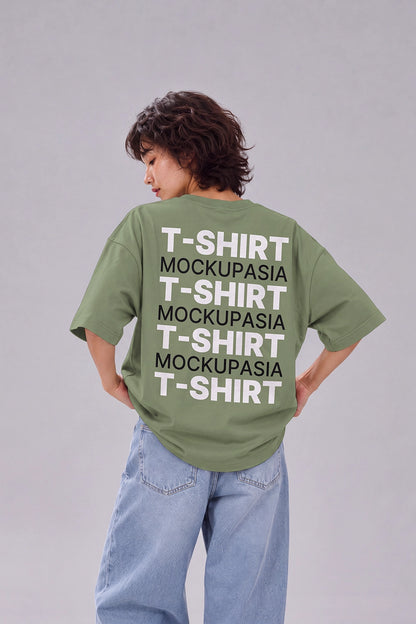 streetwear back print t-shirt mockup with standing model in jeans