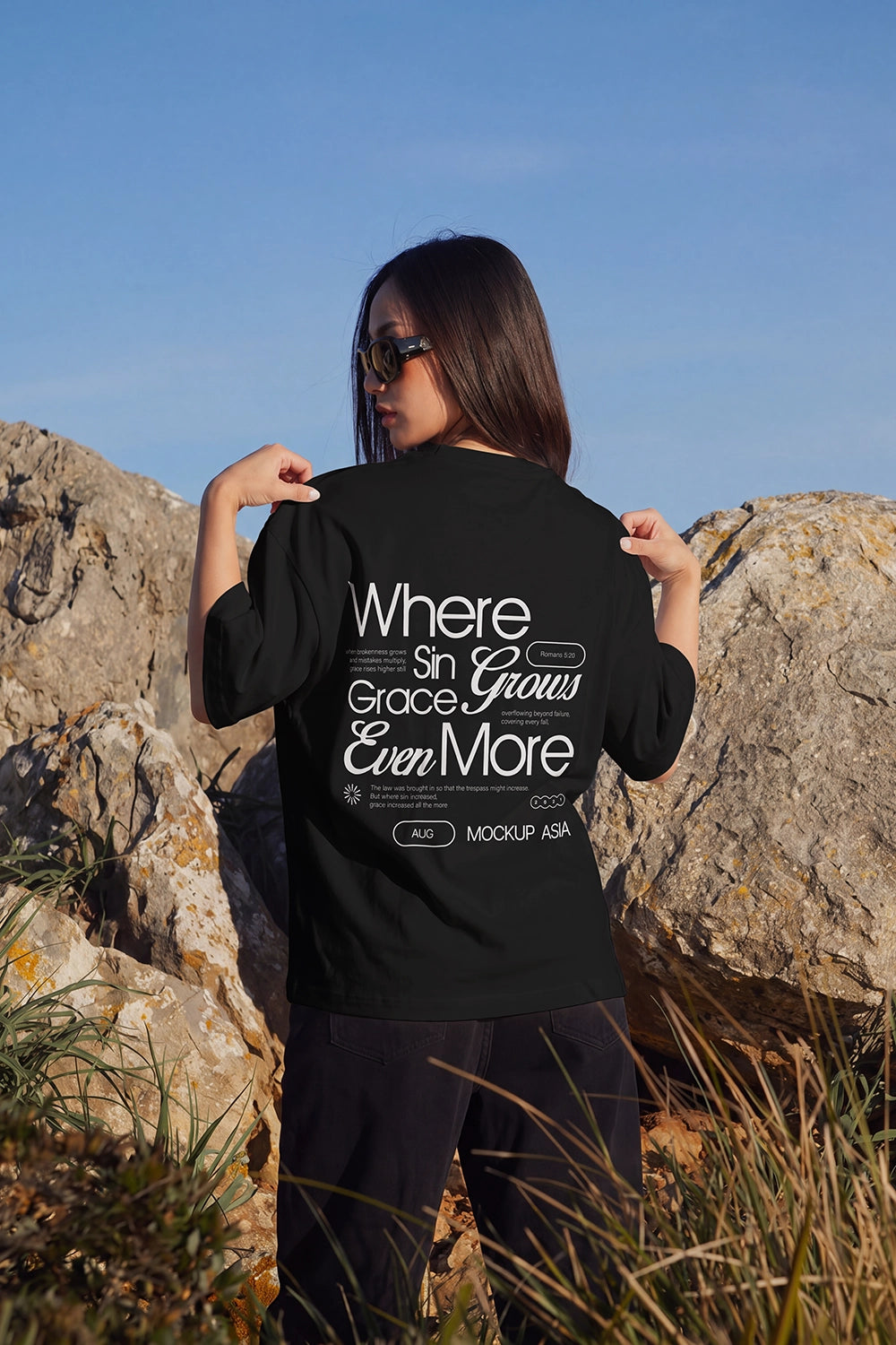 Outdoor oversized white T-shirt mockup with realistic back design area