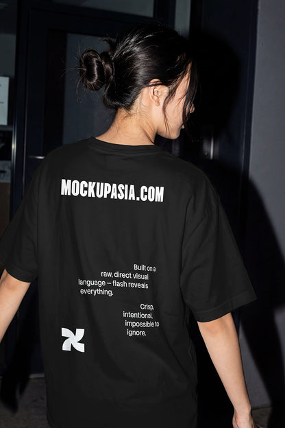 apparel mockup back view t-shirt on woman with bold shadows and minimal background