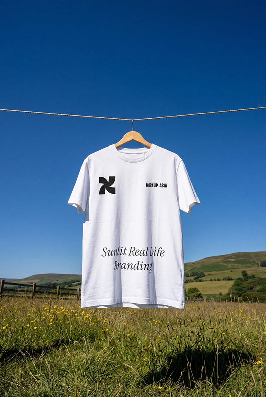 t shirt mockup hanging on hanger outdoors with blue sky and natural sunlight landscape background