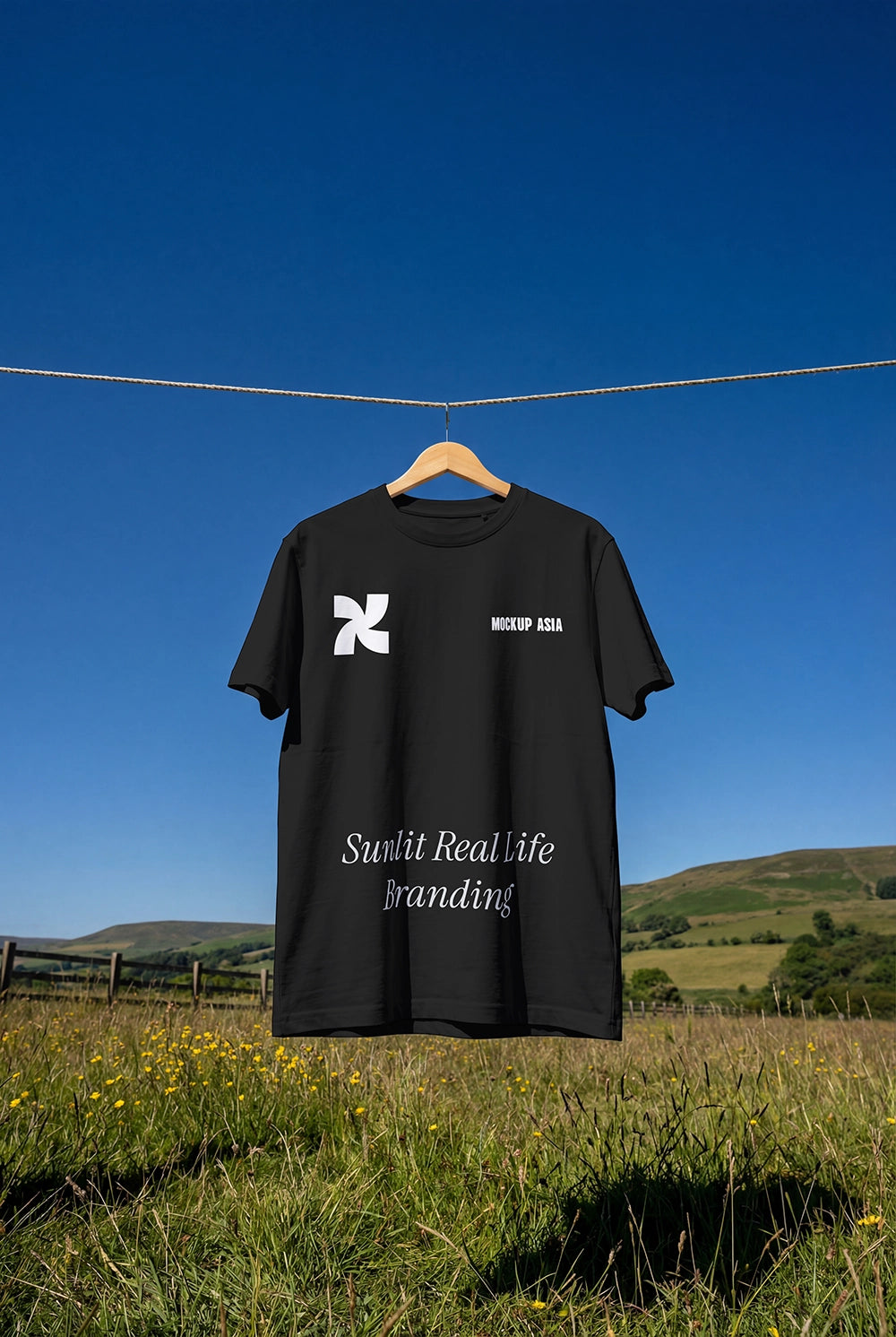 realistic t shirt mockup on hanger in field with soft natural light and outdoor scenery