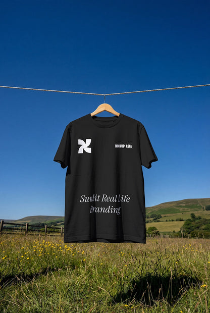 realistic t shirt mockup on hanger in field with soft natural light and outdoor scenery