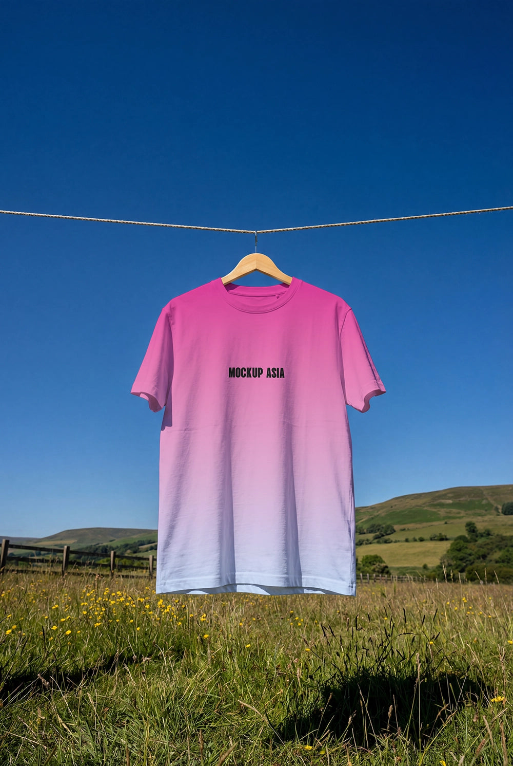 apparel branding mockup t shirt hanging outside with sky and grass field environment