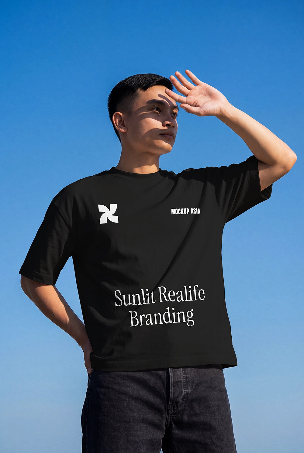 realistic t shirt mockup worn by person outdoor with natural light and shadow pose