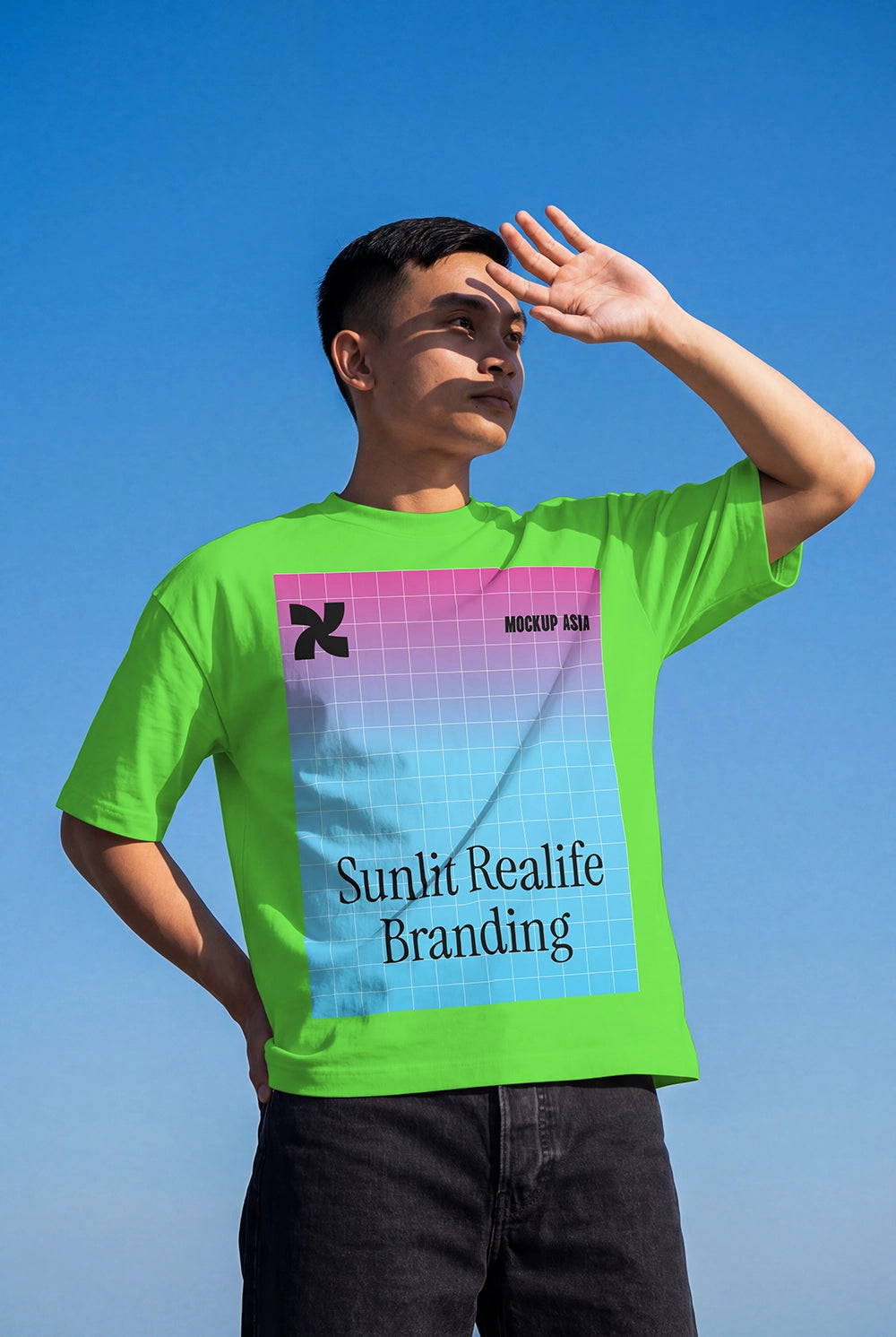 minimal t shirt mockup on model with hand gesture and clean sky branding presentation