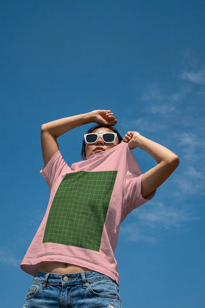 branding t shirt mockup on model outdoor with sky background and dynamic pose