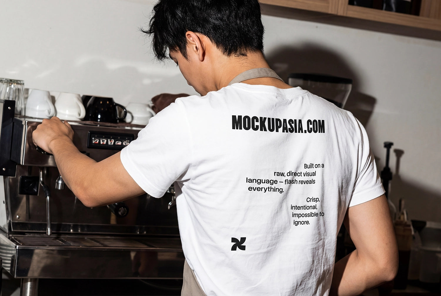 t shirt mockup on barista with coffee machine high contrast flash lighting