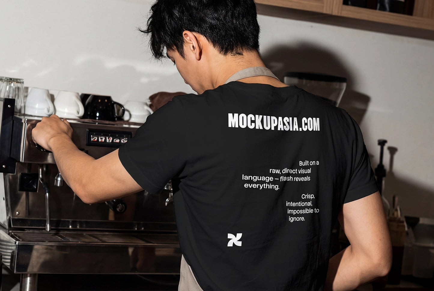 apparel mockup back view t-shirt worn in cafe setting with bold shadows