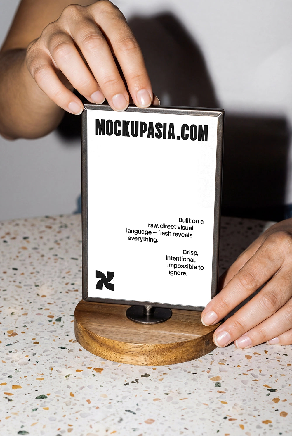 table sign mockup coffee menu stand with hands high contrast flash lighting