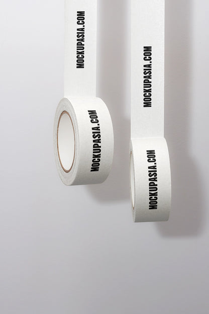 masking tape mockup rolls with hanging strips and minimal clean background