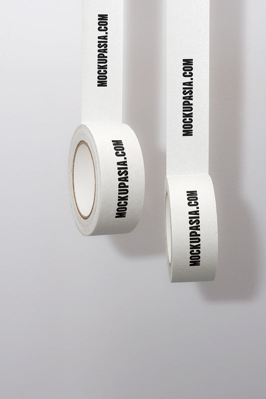 masking tape mockup rolls with hanging strips and minimal clean background