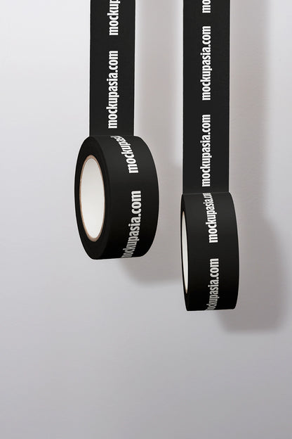 realistic adhesive tape mockup with branding on tape and soft studio lighting