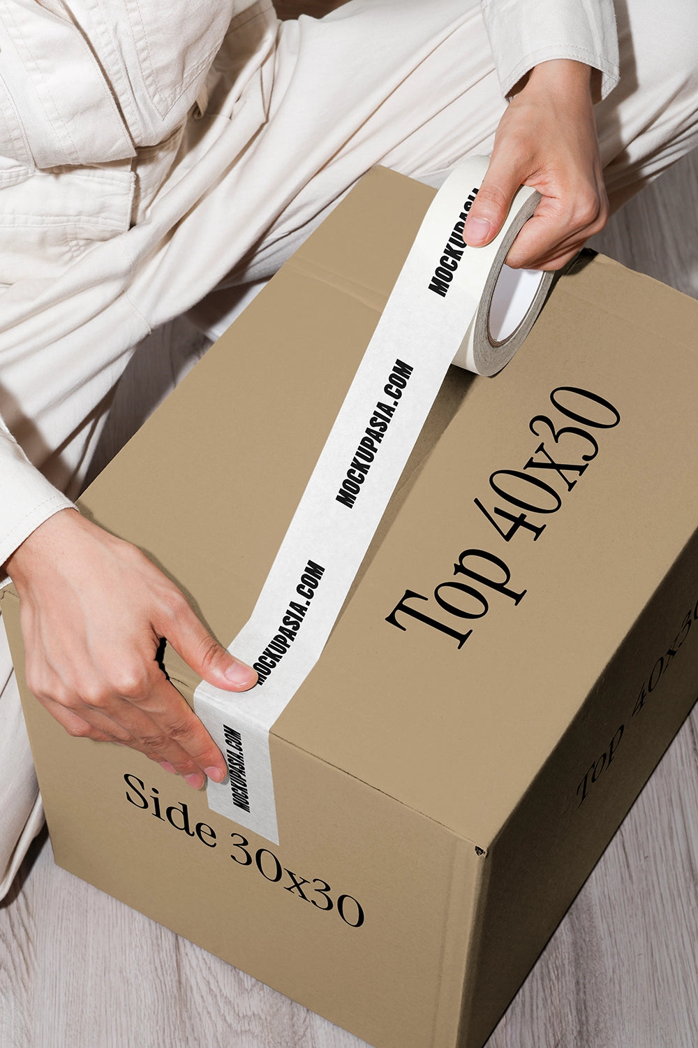 packaging box sealing mockup with branded tape and realistic hand interaction