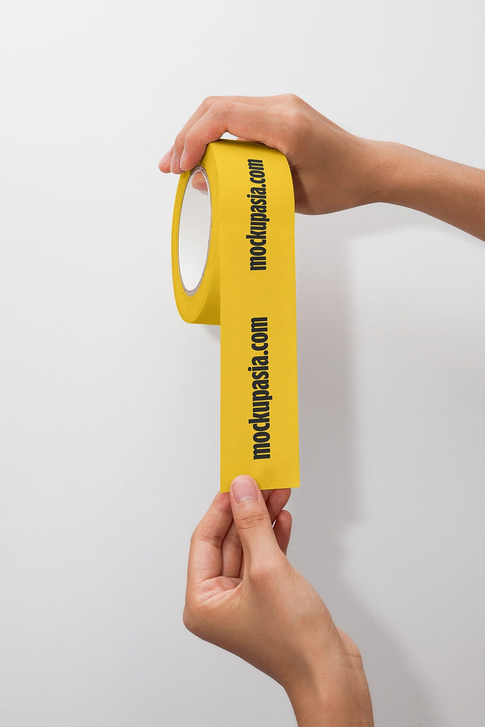 realistic adhesive tape mockup with hand interaction and vertical strip display