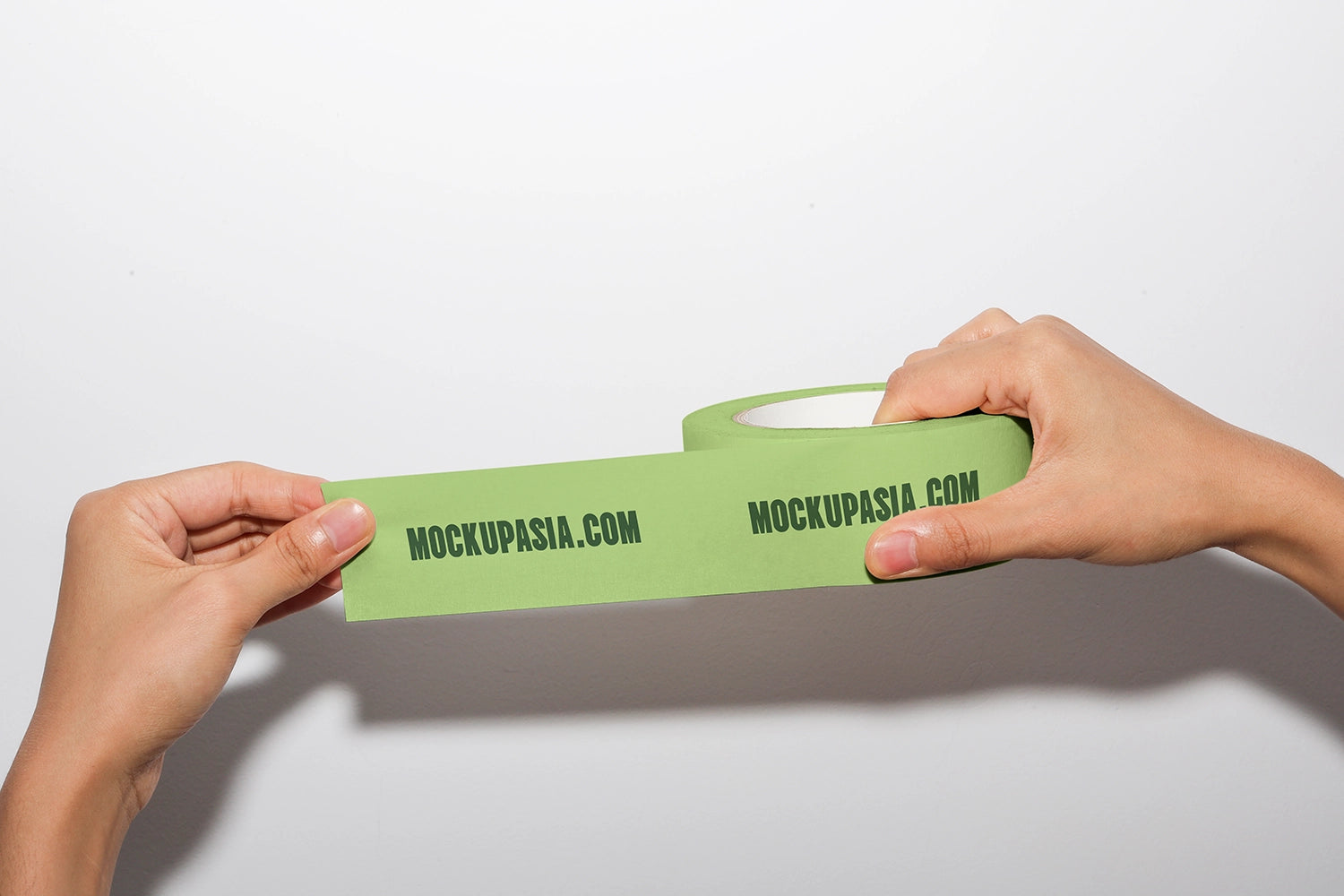 realistic adhesive tape mockup with hand interaction and horizontal strip display