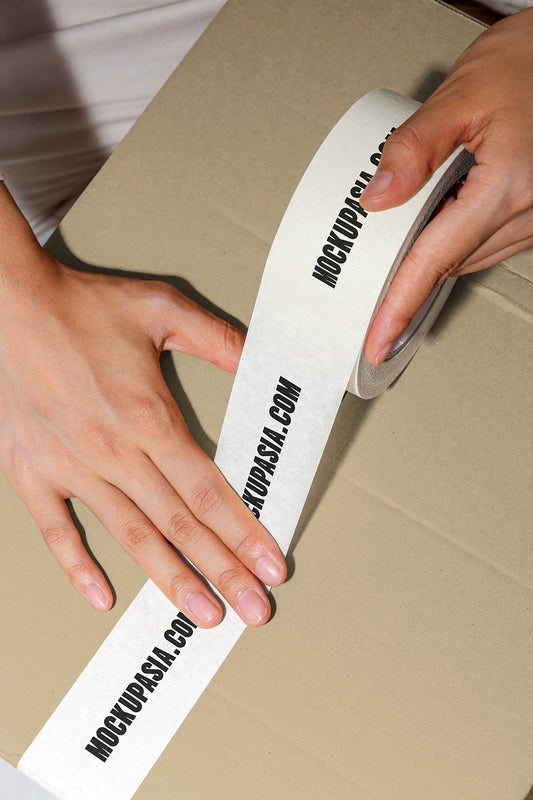 packaging tape mockup applied on cardboard box with hands and realistic sealing process