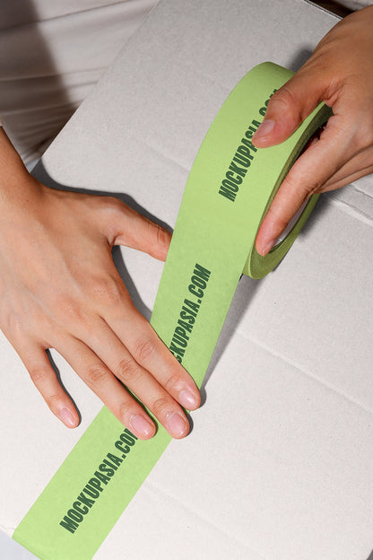 shipping box tape mockup with logo print and natural lighting packaging scene