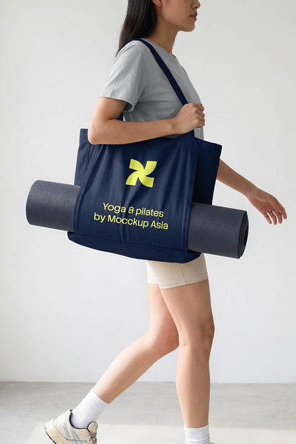 realistic tote bag mockup with yoga mat in minimal studio setting