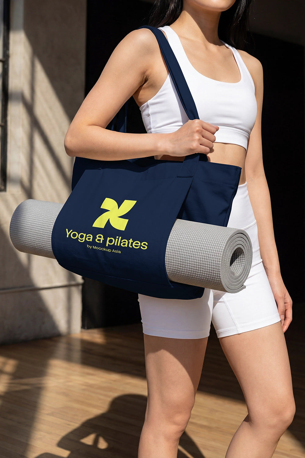 Canvas tote bag PSD mockup for yoga and pilates branding with realistic fabric texture