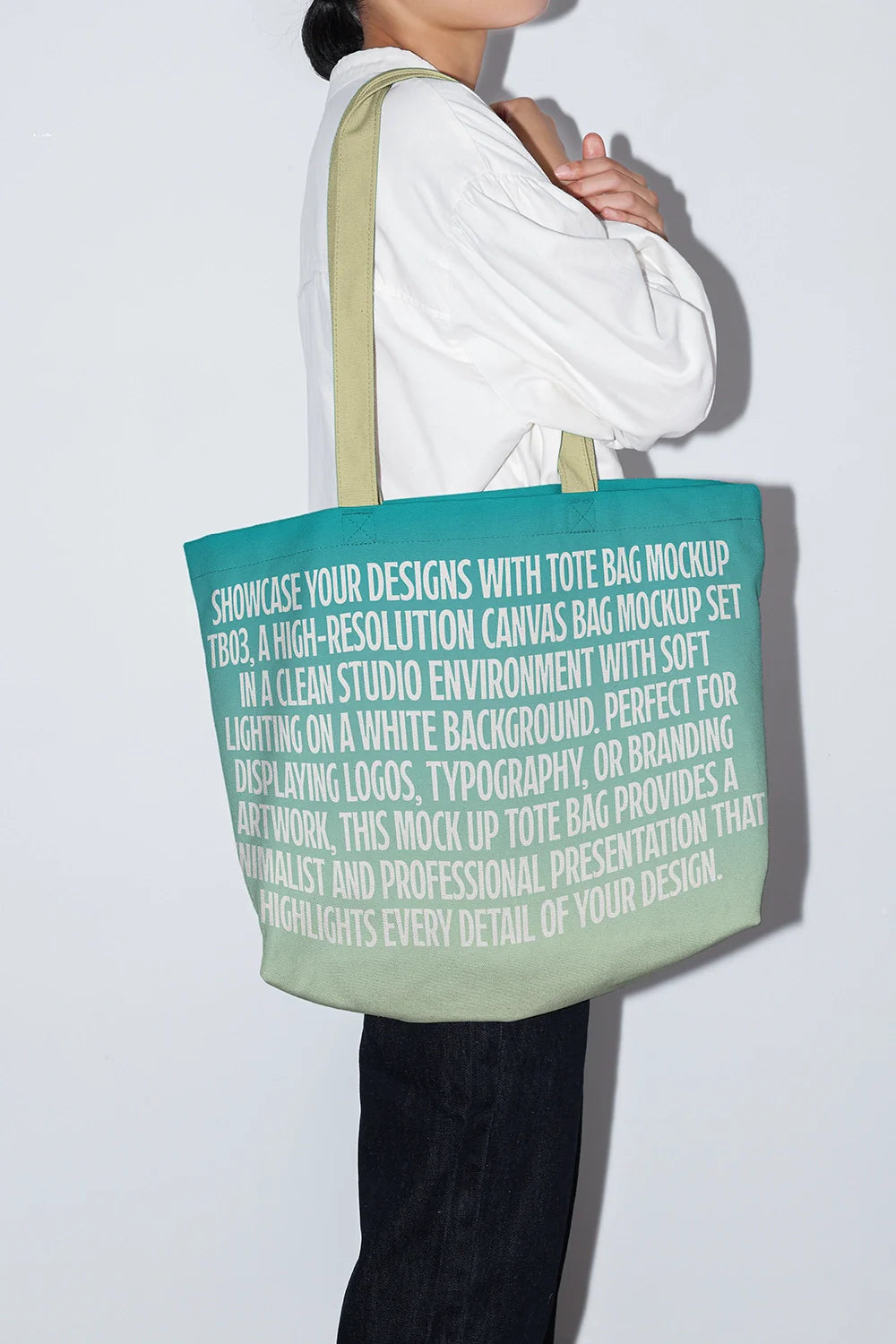 large tote bag mockup worn by model, minimal fashion presentation with strong branding