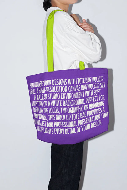 cotton tote bag mockup with big text logo, side view on person in studio lighting