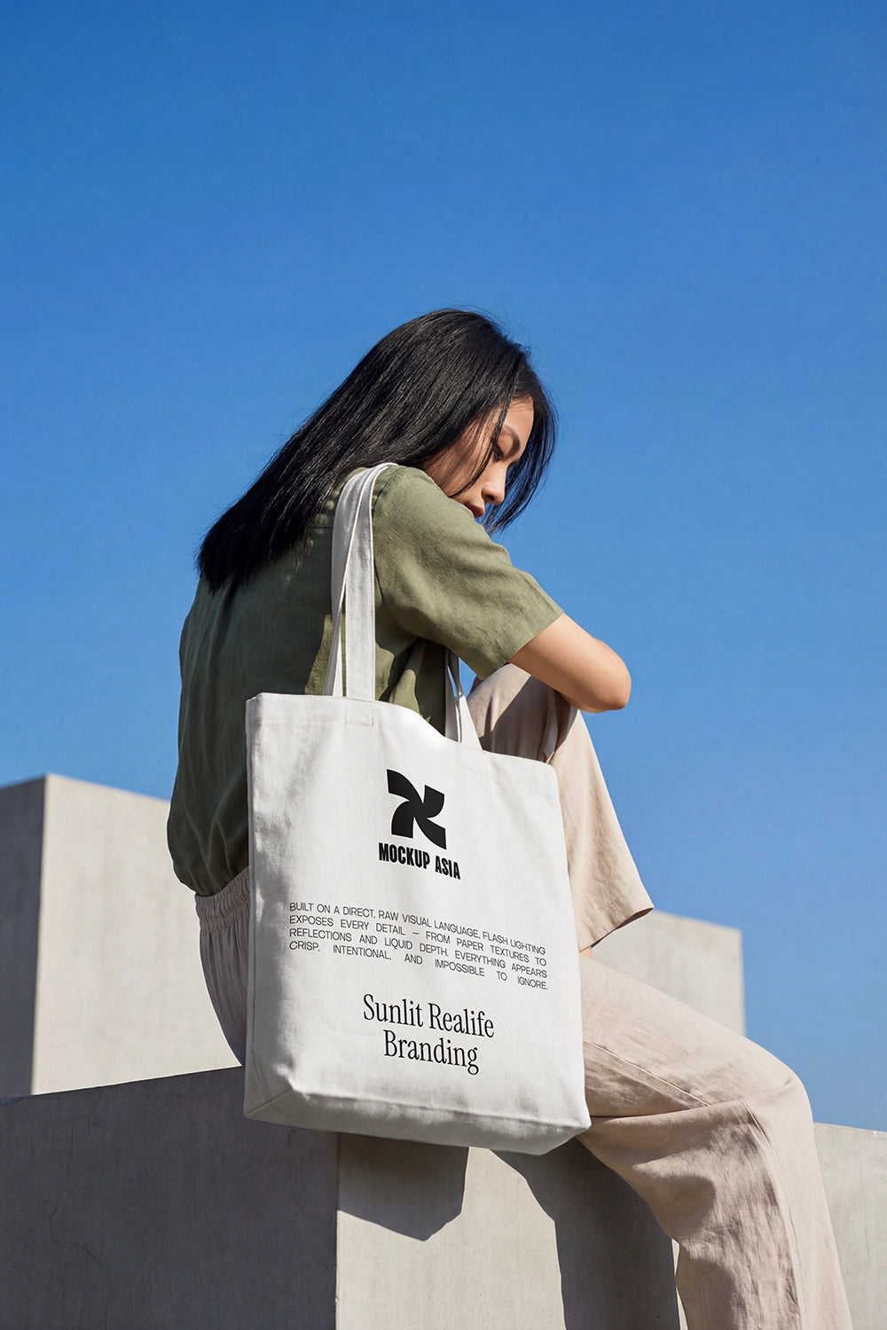 t shirt mockup on model with hand shading face under sunlight and blue sky background