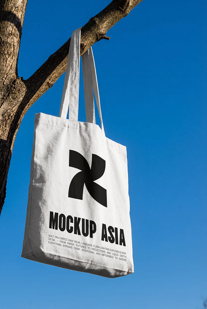tote bag mockup hanging on tree with realistic fabric wrinkles and natural sunlight