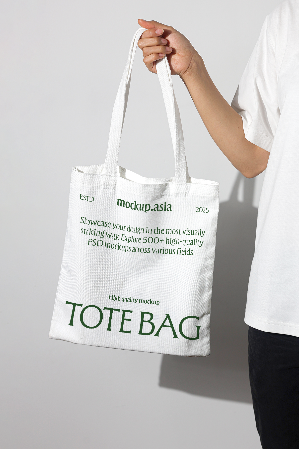 eco tote bag mockup with text design, isolated on white background with natural shadow