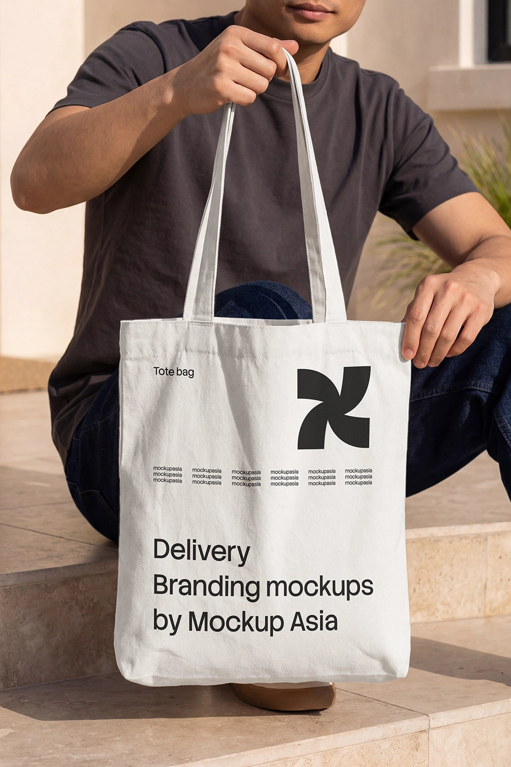 Seated tote bag mockup for canvas bag branding presentation