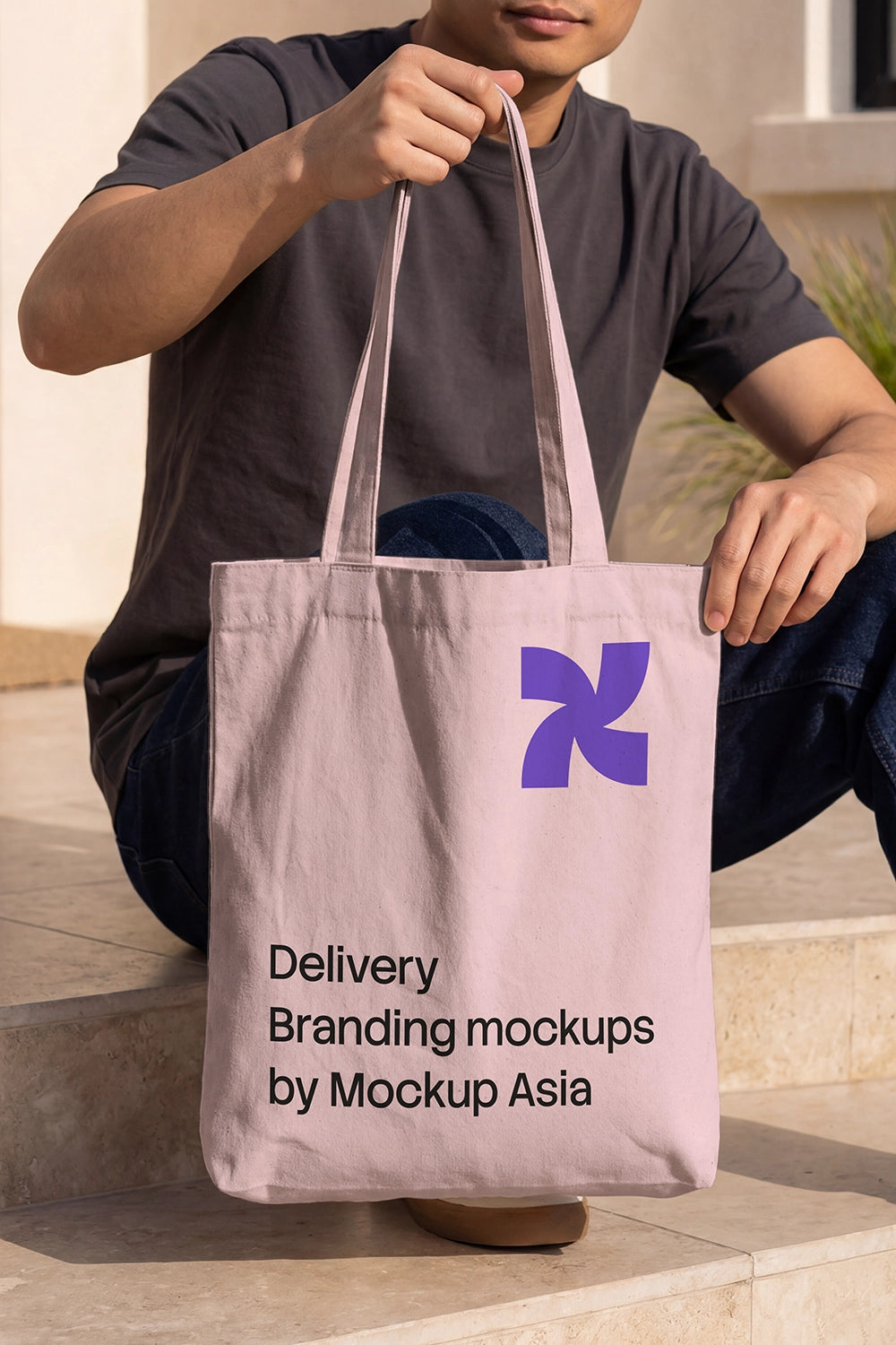 Realistic seated canvas tote bag mockup for ecommerce branding

