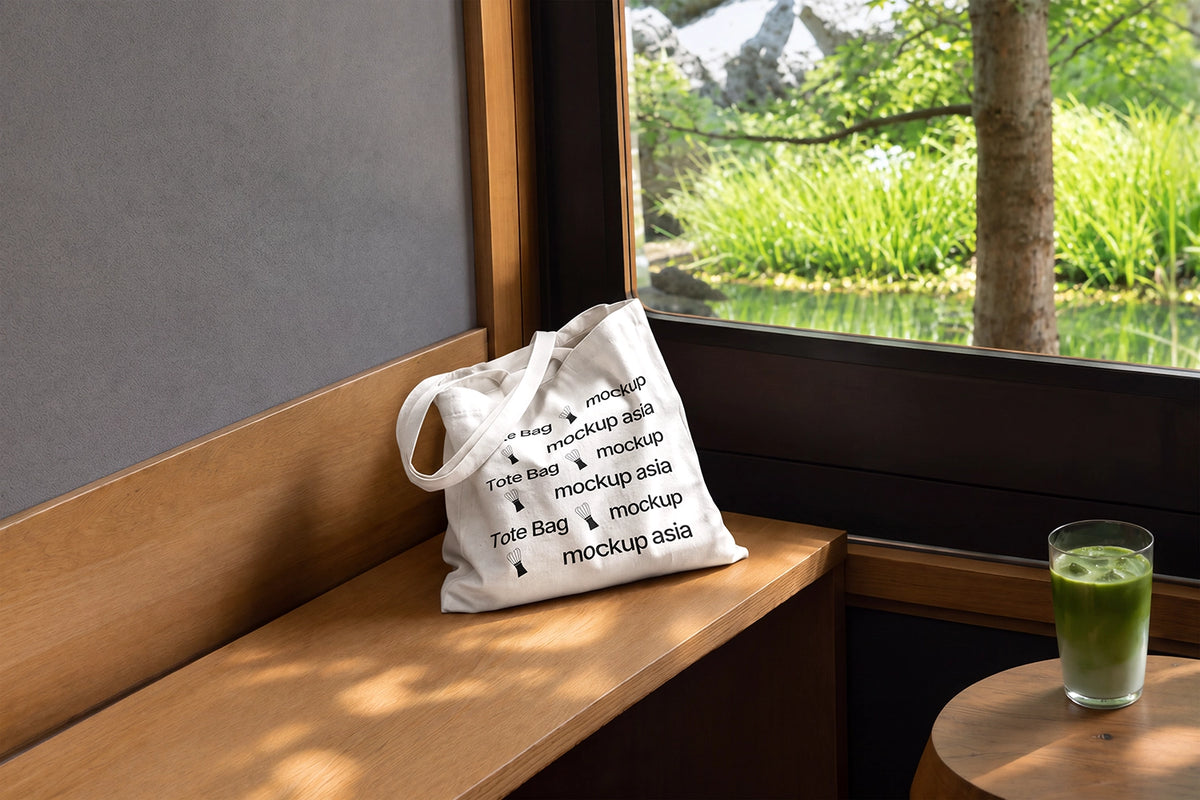 Matcha mockup tote bag with iced matcha latte by garden window