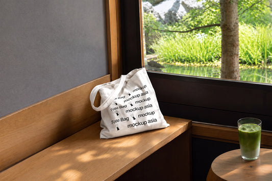 Matcha mockup tote bag with iced matcha latte by garden window