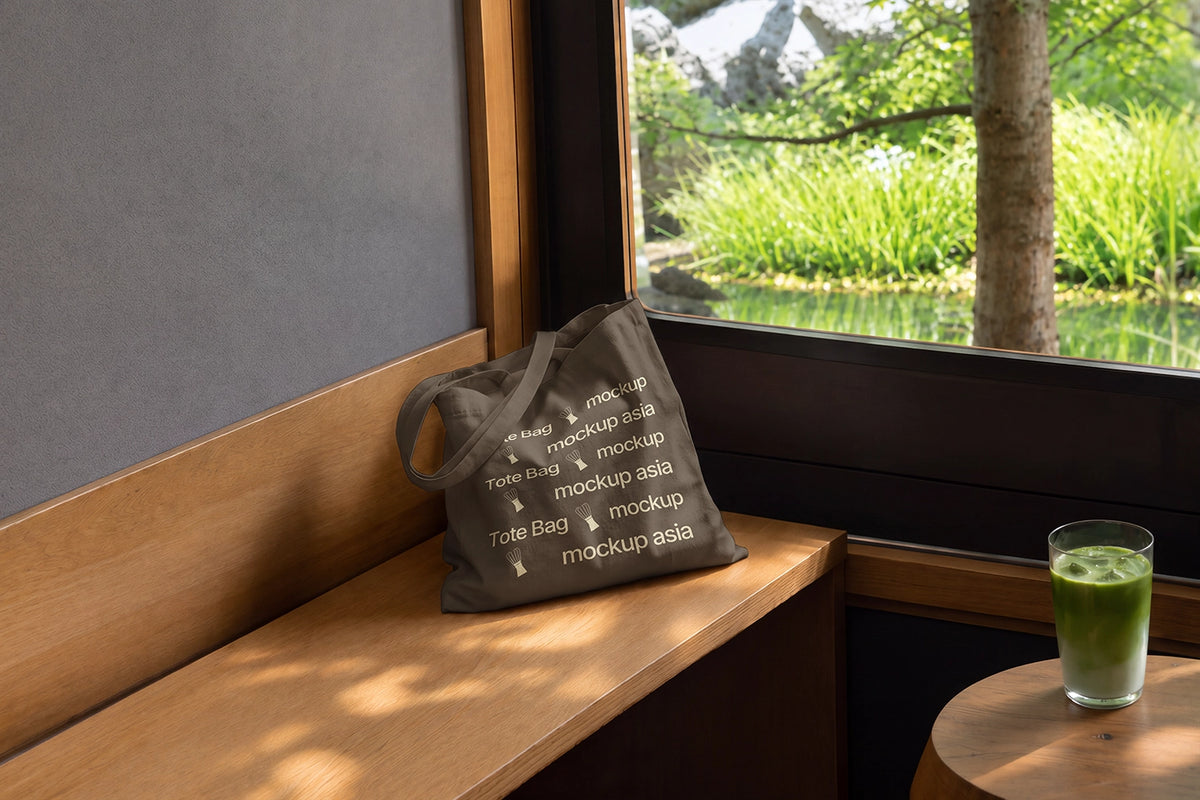 Cotton tote bag mockup with all-over pattern and sunlight shadows