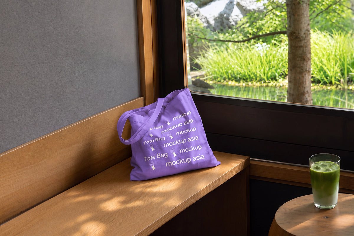 Café merch tote bag mockup for matcha and tea brand identity