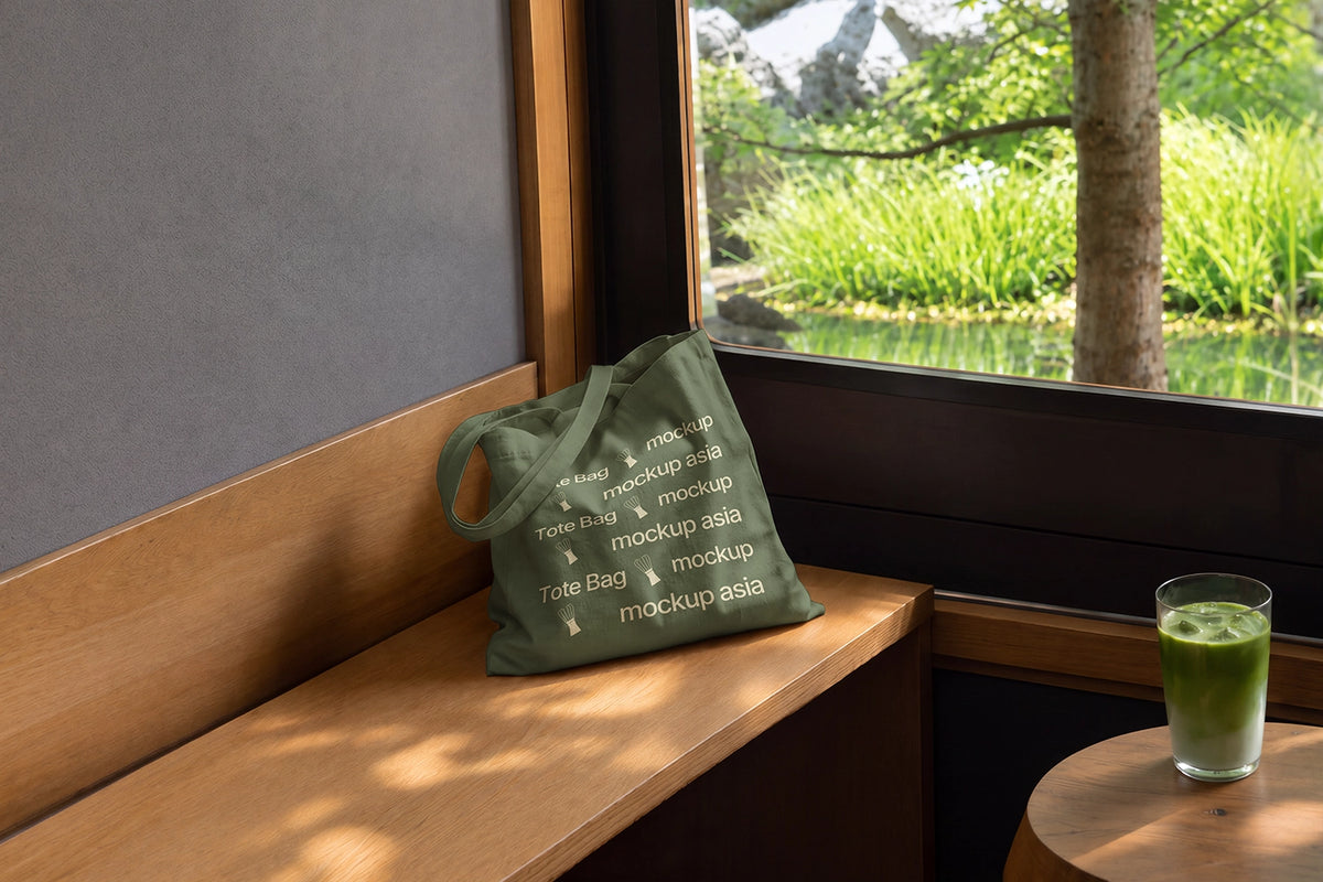 Canvas tote bag mockup PSD on wooden bench in Japanese café
