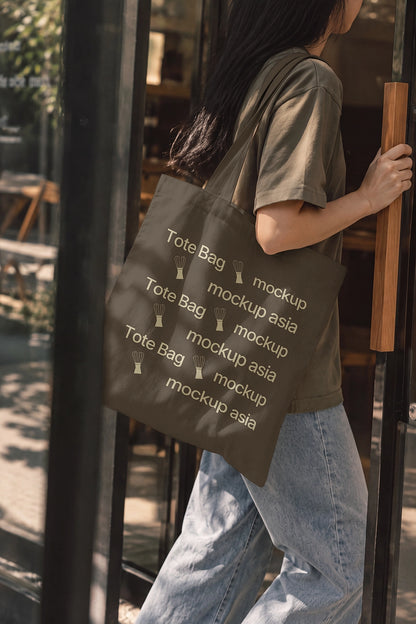 Shoulder tote bag mockup with all-over pattern in sunlight