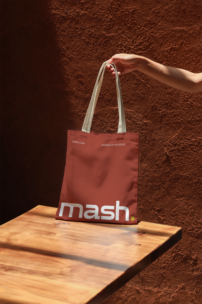 tote bag mockup with minimal branding placed on table, warm outdoor lighting