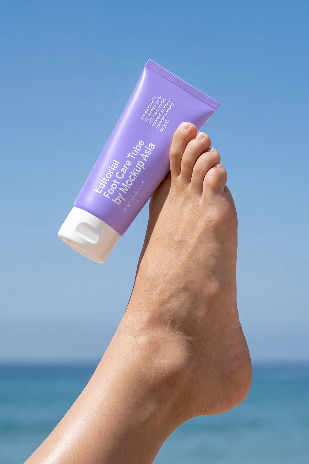 Minimal foot care packaging mockup with realistic skin textures.