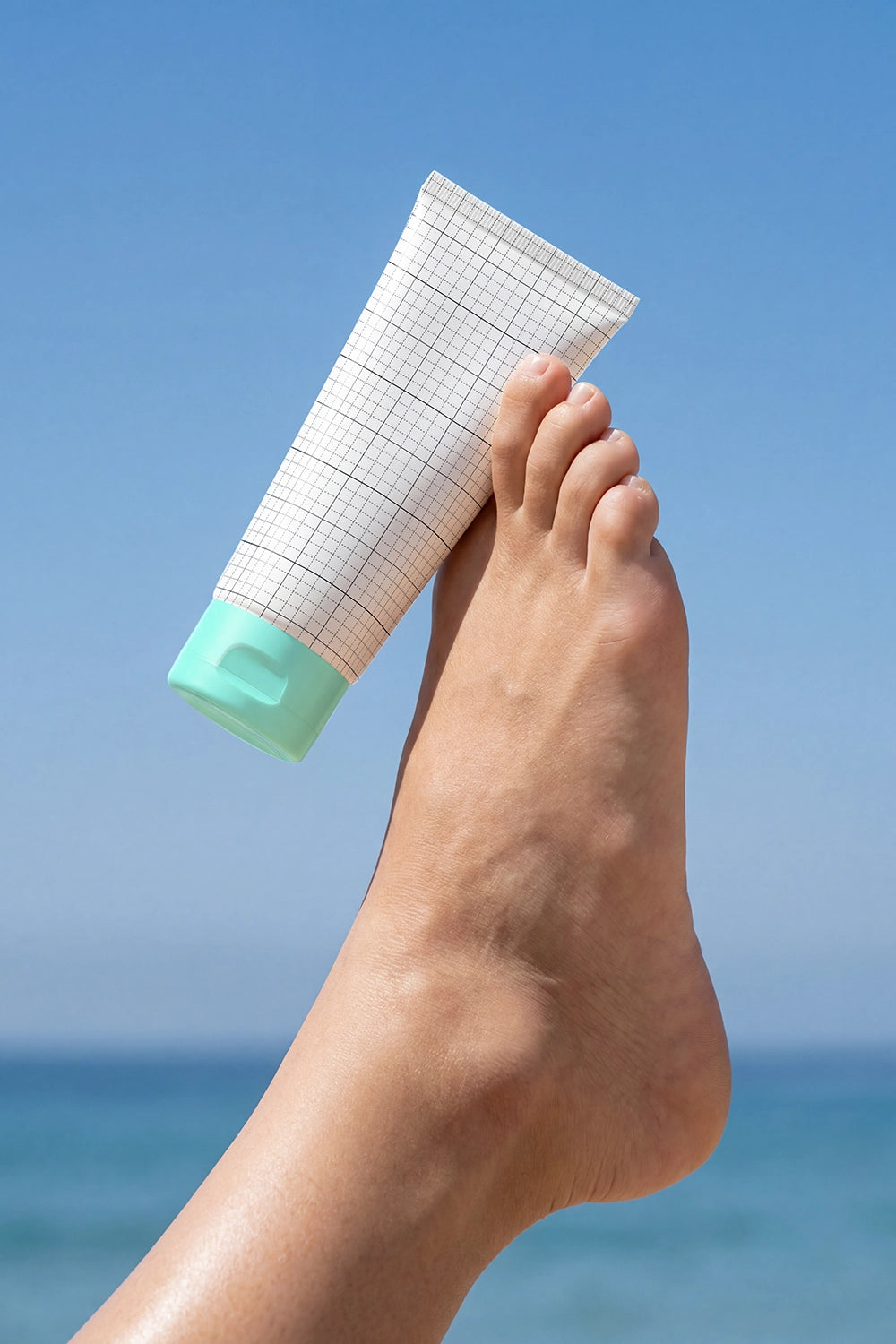 Editorial skincare tube PSD mockup with clean blue background.