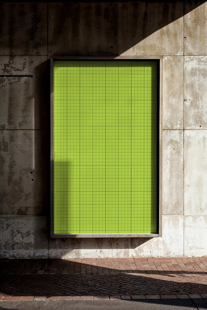 vertical poster mockup in city setting with natural lighting and shadow overlay aesthetic