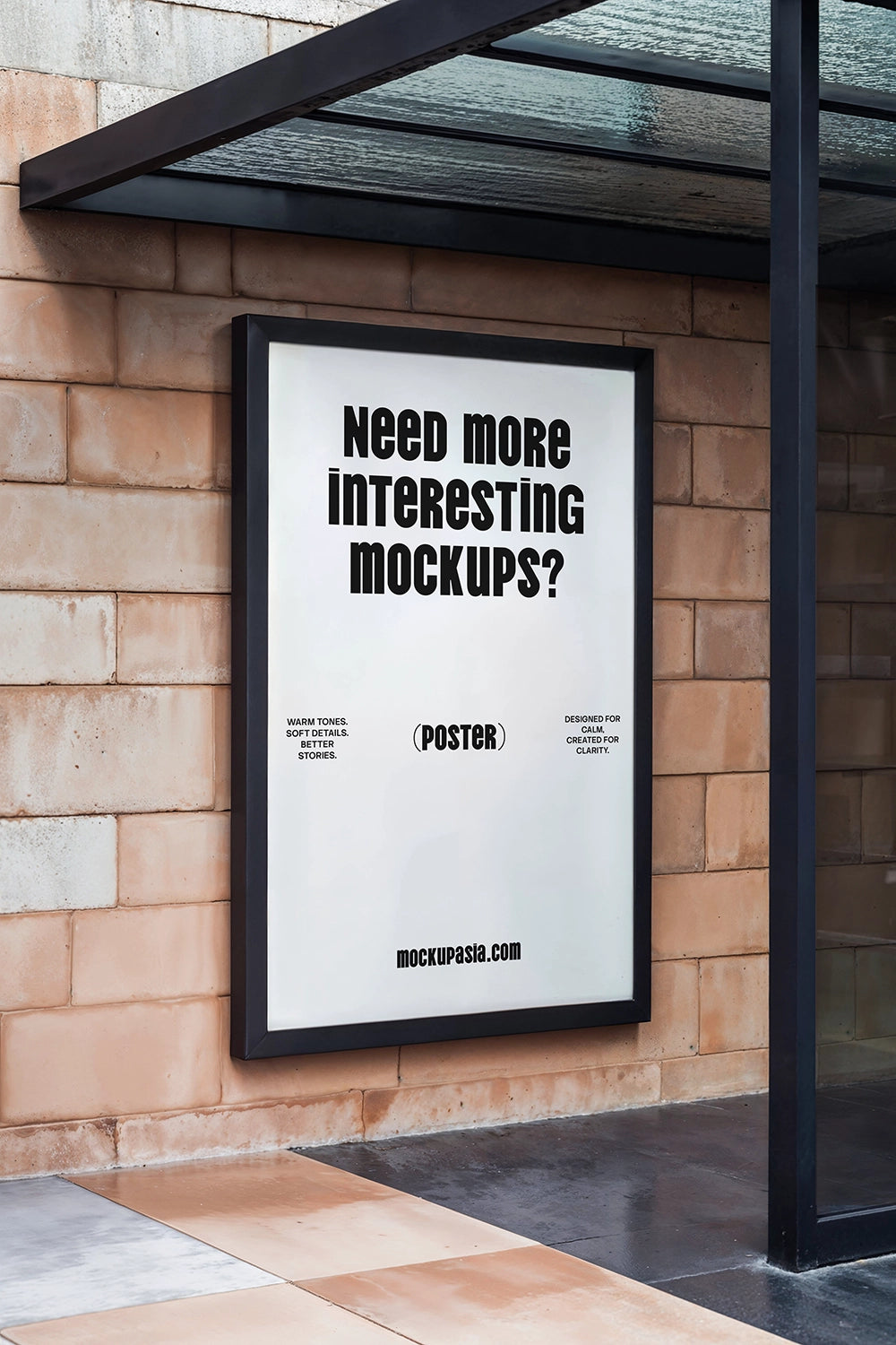 outdoor poster mockup on brick wall with glass canopy modern architectural setting